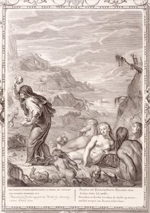 Deucalión y Pirra repueblan el mundo arrojando piedras detrás de ellos, 1731 de Bernard Picart